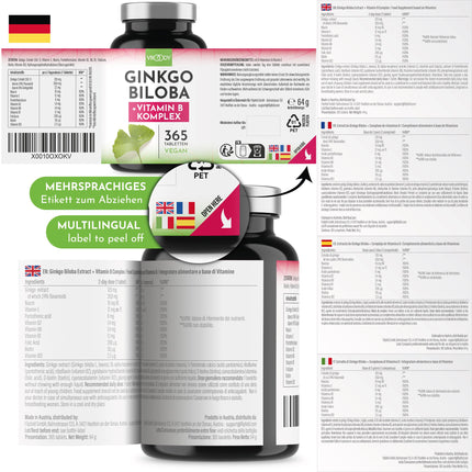 Ginkgo Biloba 6000mg per tablet, 365 tablets - Best value for money + B-vitamin power complex, no additives, laboratory-tested, made in Austria, Vitamin B12 contributes to the reduction of fatigue