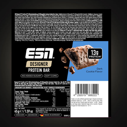 ESN Designer Bar Box, Dark Cookie, 12 x 45 g, the ideal snack with up to 14 g of protein per bar - made in Germany