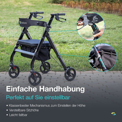 HELAVO extra-wide rollator with large, height-adjustable seat - Foldable heavy-duty rollator made of aluminum - Load capacity up to 226 kg