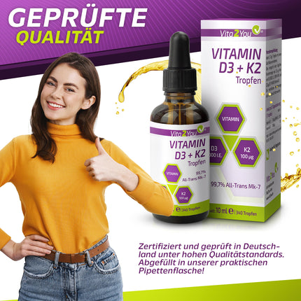 Vita2You Vitamin D3 + K2 Drops - Vitamin D3 5000 IU - Vitamin K2 100µg per drop - K2VITAL - MK-7 - 99.7% All-Trans - MCT Oil - Premium Quality - Made in Germany