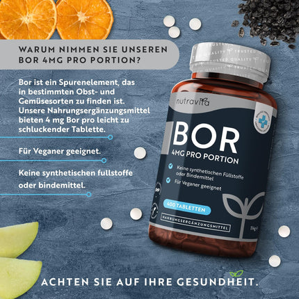 Boron - 4mg Pure Boron per tablet - 400 tablets - 13-month supply - Laboratory tested - No unwanted additives - High dosage - Vegan-friendly - Manufactured by Nutravita