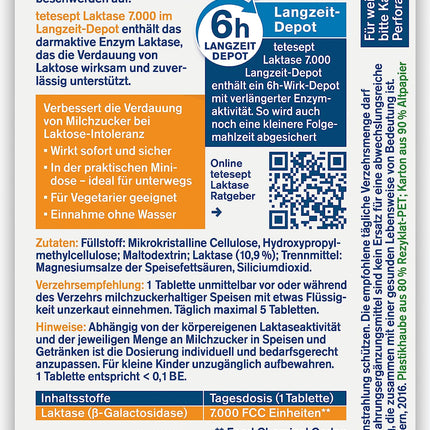 tetesept Lactase 7,000 – Lactase tablets for lactose intolerance – Dietary supplement with immediate effect &amp; 5h long-term depot – 1 can of 90 tablets