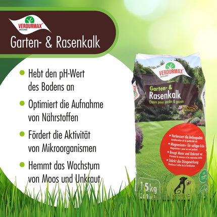 Verdurmax 15 kg Garden and Lawn Lime - Removes moss and weeds - pH value optimization - Lime fertilizer with magnesium for lush green - Improves nutrient uptake of grass and plants