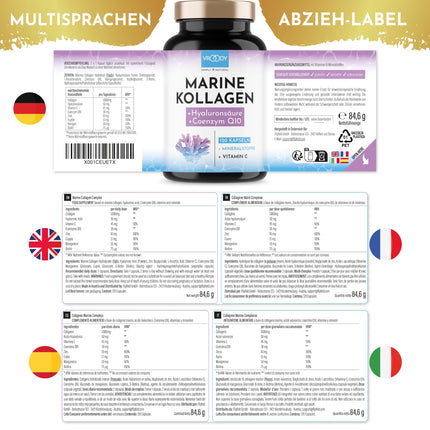 Premium Marine Collagen Combo 1000mg + Q10, hyaluronic acid, copper, manganese, vitamins C, zinc, and biotin contribute to the maintenance of normal skin and hair; Made in Austria by VROODY - test result: VERY GOOD!