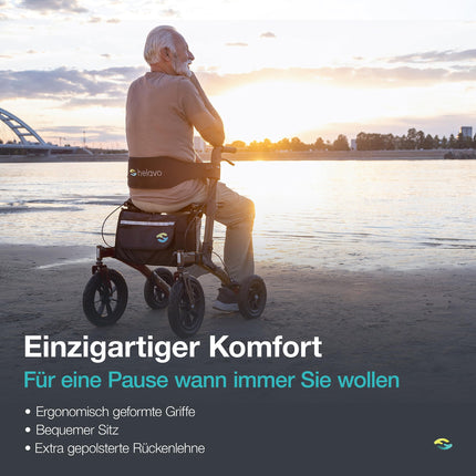 Helavo Rollator with Puncture-Proof Solid Rubber Tires for Outdoors - Foldable Aluminum Outdoor Rollator with Seat - Maximum Mobility &amp; Comfort Outdoors