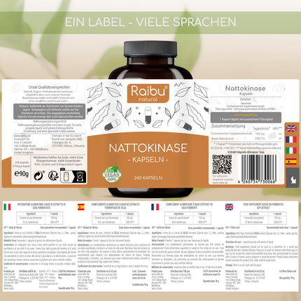 Nattokinase Capsules High Dose 240 Capsules 100 mg each (20,000 FU/g) - 8 Month Supply, Laboratory Tested, Vegan - No Additives - Raibu