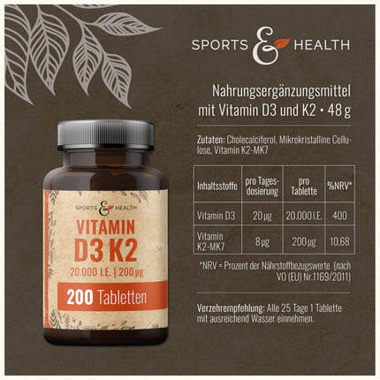 Vitamin D3 K2 Tablets - 200 Tablets - Vitamin D High Dose 20000 IU + 200µg Vitamin K2-Mk7 - D3 K2 Depot - Vegetarian - Vitamin D3 K2 High Dose