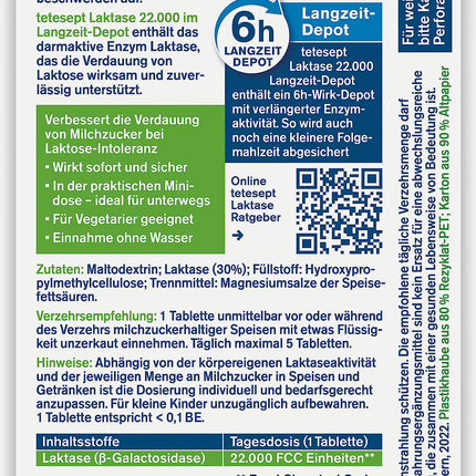 tetesept Lactase 22,000 – Lactase tablets for lactose intolerance – Dietary supplement with immediate effect &amp; 6h long-term depot – 1 can of 40 tablets