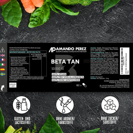 Amando Perez Beta Carotene 50,000 IU Depot Tanning Capsules - 180 Softgels High Dose &amp; Vegan - Precursor to Vitamin A - Free from Allergens &amp; Non-GMO - Natural Tan