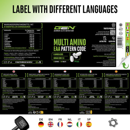 Multi Amino-EAA Pattern Code - 500 tablets of 1000 mg each - Human Code Formula - All 8 essential amino acids - From plant fermentation - High dosage - Vegan