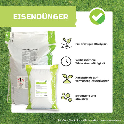 TerraDomi Iron Fertilizer 25kg for approx. 1000m² | Turbo fertilizer tailored to lawns with moss | Granulated, suitable for spreader applications and dust-free