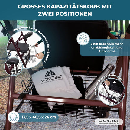 Mobiclinic®, Rollator, Escorial, European brand, Foldable and lightweight, Lockable handbrake, Walking aid, Aluminum, Removable basket, With seat and backrest, Bordeaux