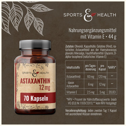 Astaxanthin 12 mg Depot Softgel Capsules with Oxidation Protection - 4 Month Supply - Gel Capsules - With Vitamin E (70 Capsules)