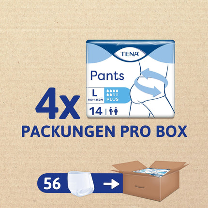 TENA Pants Plus - 56 Pants in a Monthly Pack (4 x 14 Pieces) - Disposable Pants for Women and Men - Breathable Unisex Incontinence Briefs - for Bladder Weakness and Urinary Incontinence - White, Size L
