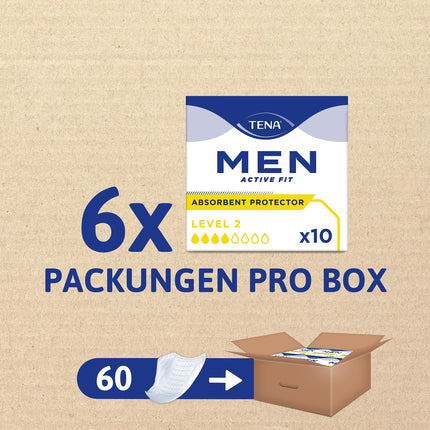 TENA MEN Absorbent Protectors, Level 2 - 60 pads in a monthly pack (6 x 10), individually wrapped - Men's sanitary pads for moderate urine loss and incontinence