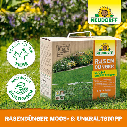 Neudorff Lawn Fertilizer Moss &amp; Weed Stop – Lawn fertilizer with iron and potassium ensures a dense, green lawn without moss and weeds, 10 kg for 200 m²