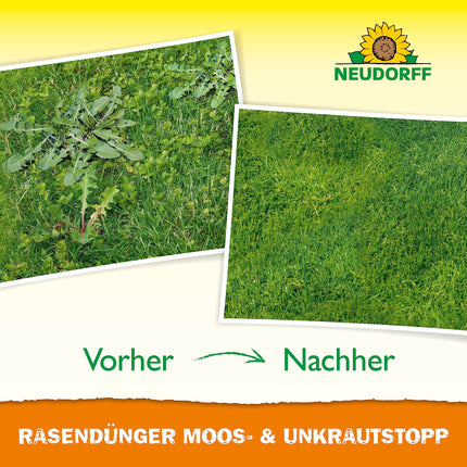 Neudorff Lawn Fertilizer Moss &amp; Weed Stop – Lawn fertilizer with iron and potassium ensures a dense, green lawn without moss and weeds, 10 kg for 200 m²