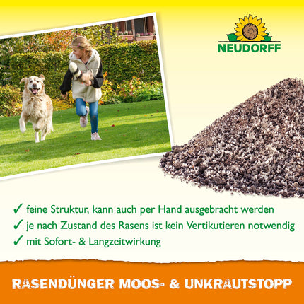 Neudorff Lawn Fertilizer Moss &amp; Weed Stop – Lawn fertilizer with iron and potassium ensures a dense, green lawn without moss and weeds, 10 kg for 200 m²