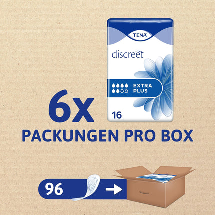 TENA Discreet Extra Plus - 96 pads in a monthly pack (6 x 16 pads), individually wrapped - feminine sanitary pads - for moderate bladder weakness and incontinence